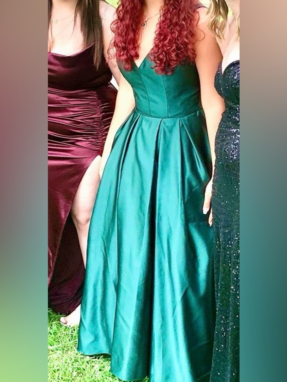 Betsy & Adam Emerald Green V-Neck Satin Prom Gown-worn once - Picture 2 of 8